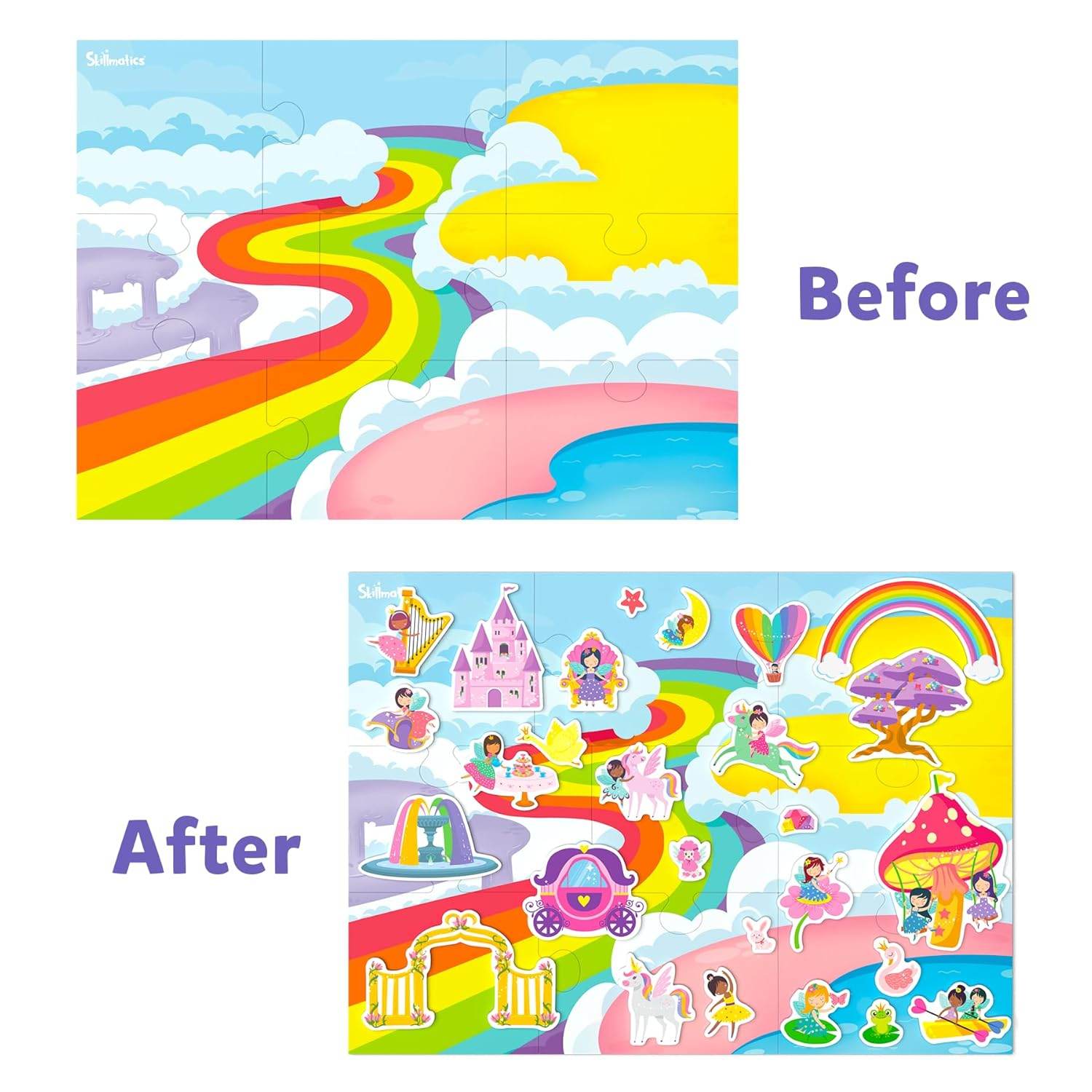 Colorful princess and unicorn toys for toddlers playset with castles, rainbows, and fantasy characters