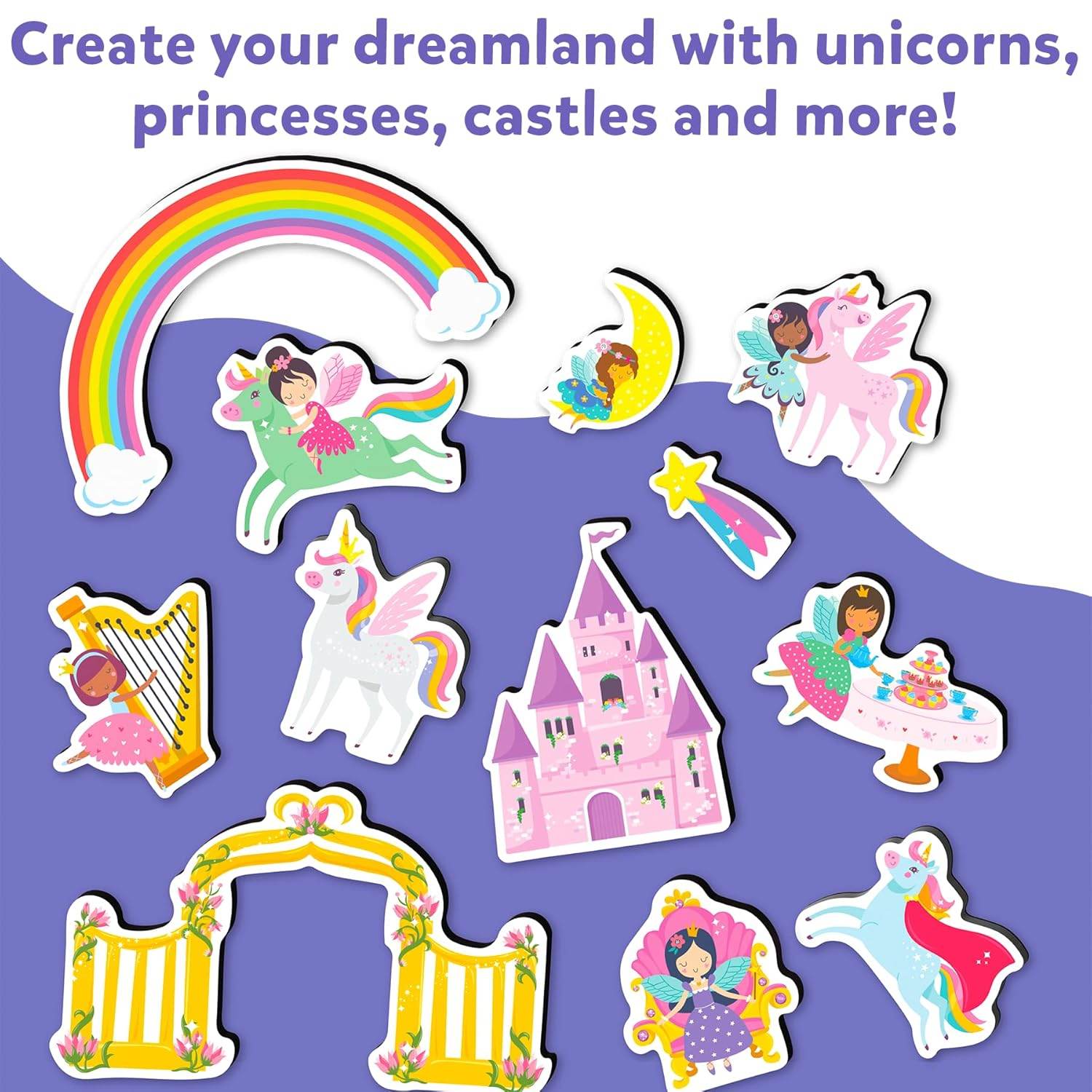 Princess and unicorn toys for toddlers including princesses, unicorns, castles, and a rainbow set