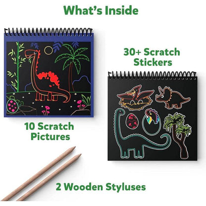Scratch art kit for toddlers India with 10 dinosaur pictures, 30 scratch stickers, and 2 wooden styluses
