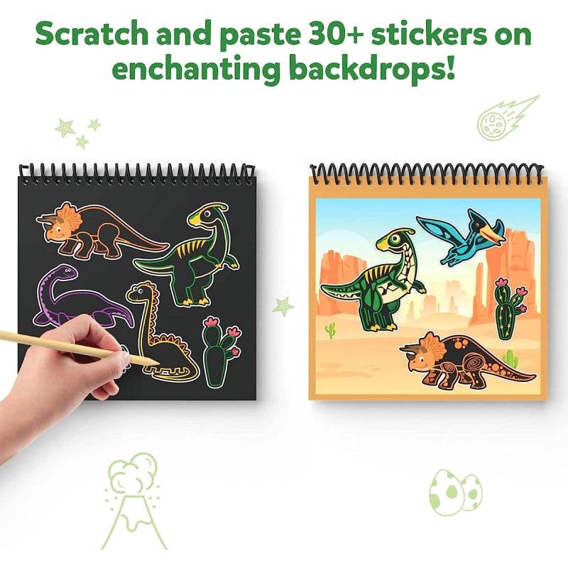 Scratch art kit for toddlers India with dinosaur stickers and colorful backdrops for creative play