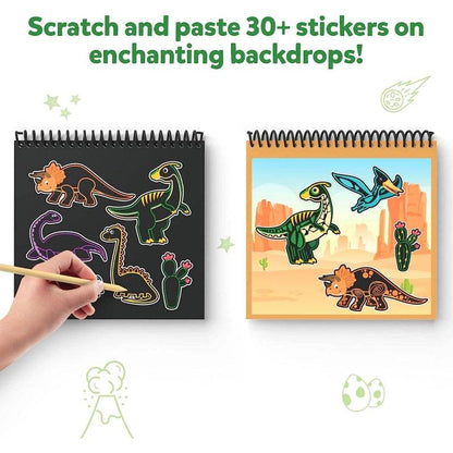 Scratch art kit for toddlers India with dinosaur stickers and colorful backdrops for creative play