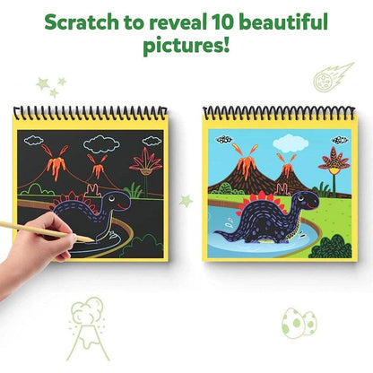 Scratch art kit for toddlers India showing dinosaur pictures revealed by scratching black coating