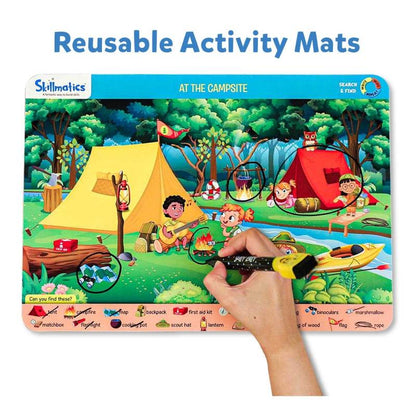 Reusable search and find activity mats with colorful campsite scene and interactive features