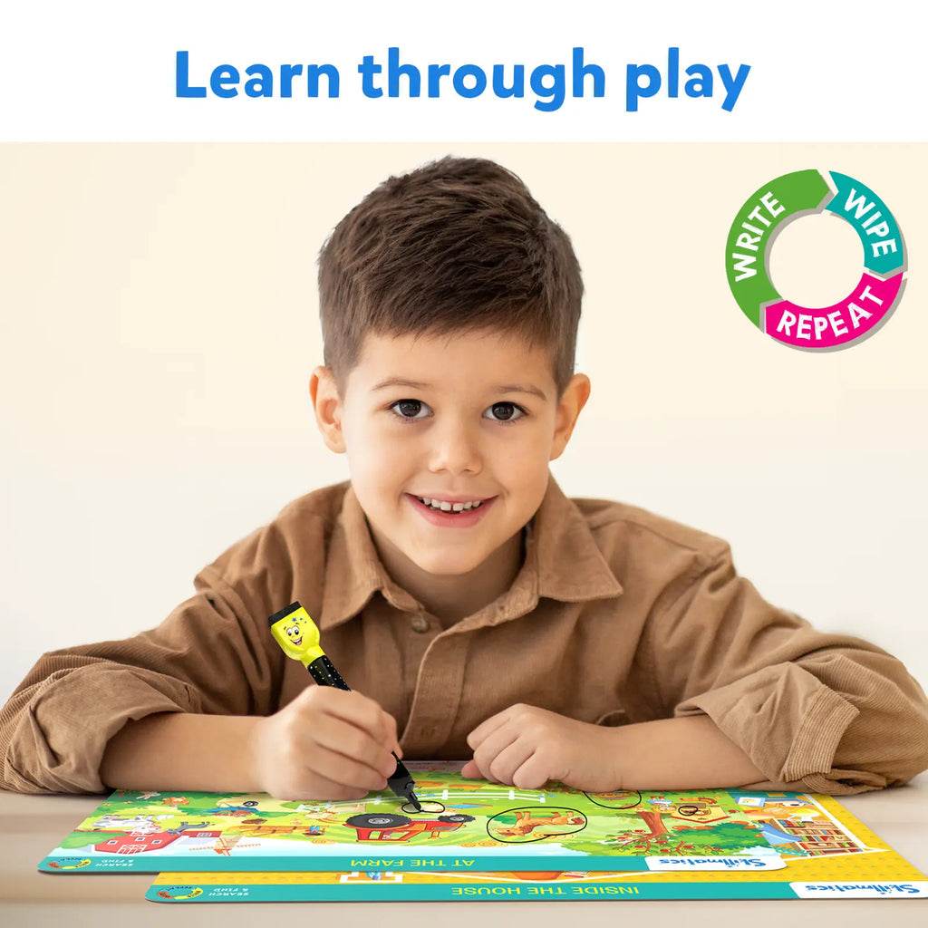 Child playing on colorful T-Rex the toyland Sitamarhi search and find activity mats with marker for learning and fun
