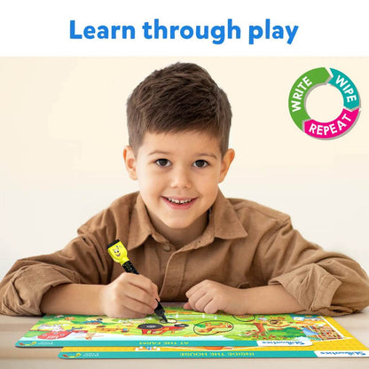Child playing on colorful T-Rex the toyland Sitamarhi search and find activity mats with marker for learning and fun