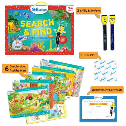 T-Rex the toyland search and find activity mats set with double-sided mats, Skilly Billy pens, duster cloth, and achievement certificate