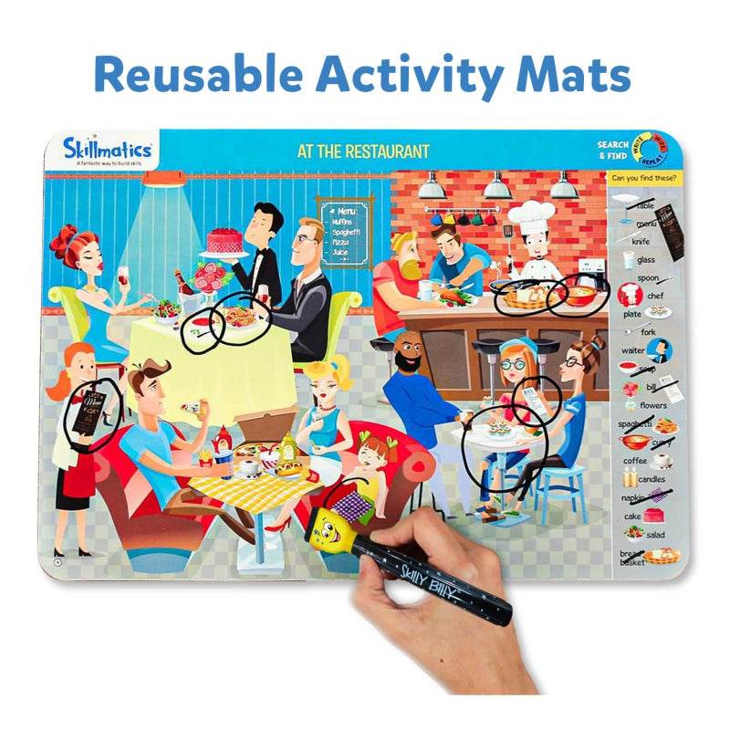 Reusable search and find activity mats with restaurant scene and colorful objects to discover