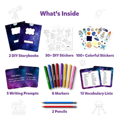 Space art kit for kids including storybooks, DIY and colorful stickers, writing prompts, markers, vocabulary lists, and pencils