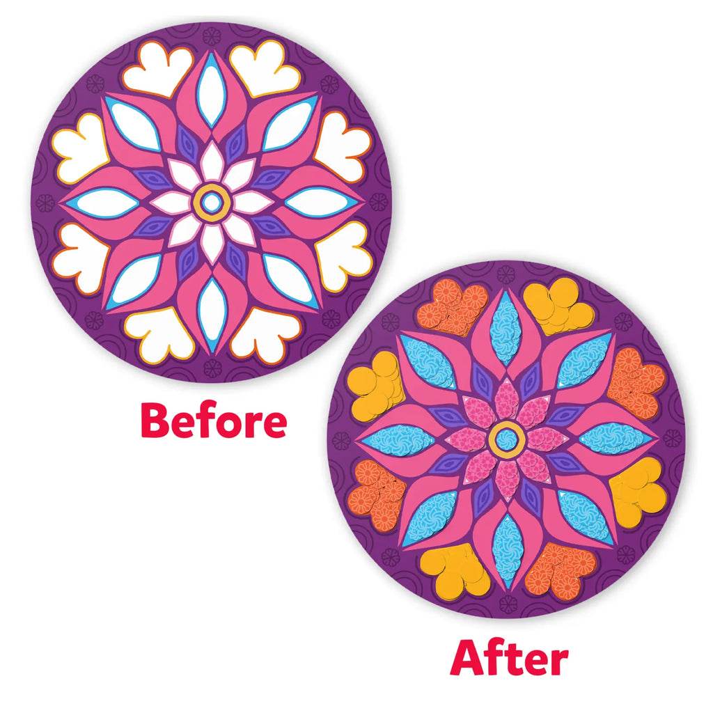 Skillmatics Dot it mandala art showing before and after images of colorful sticker mandala art set India