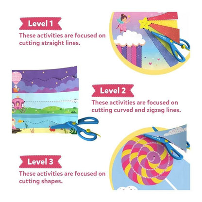 Unicorn and princess activity set showing cutting exercises with scissors on colorful paper for three skill levels