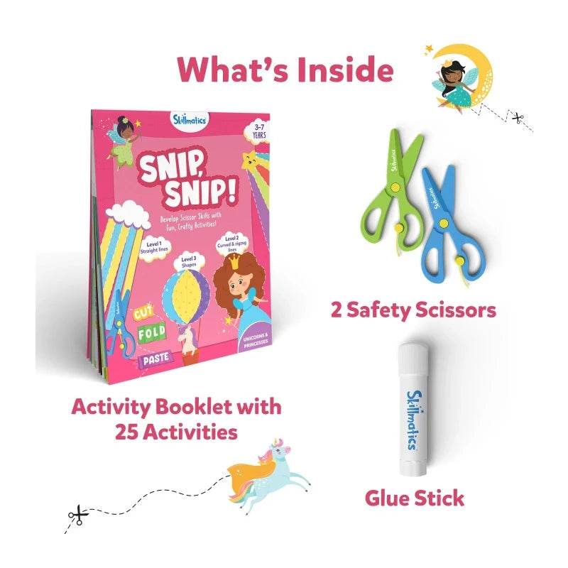 Unicorn and princess activity set with booklet of 25 activities, 2 safety scissors, and glue stick