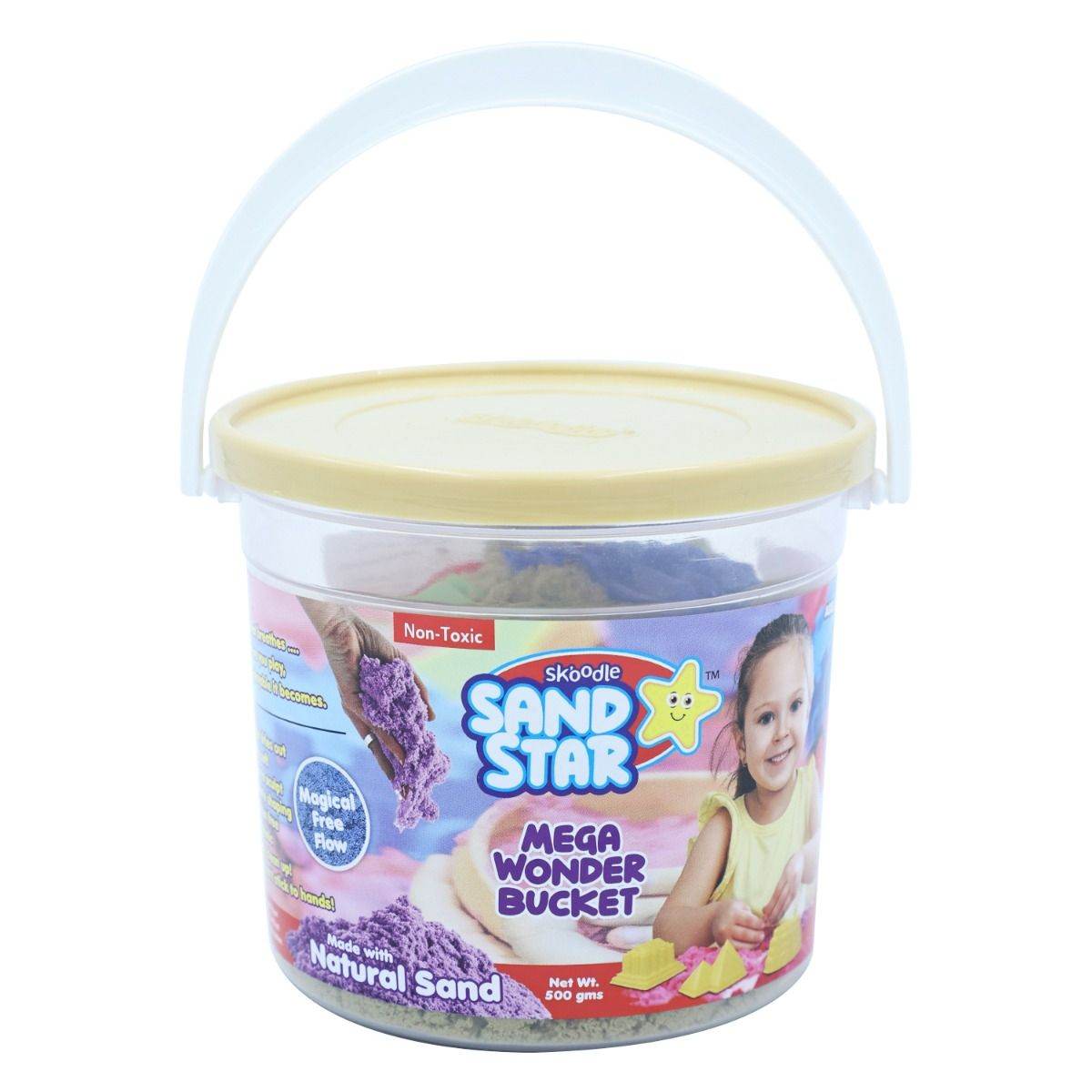 Skoodle Mega Sand Star bucket with natural purple sand and yellow lid for creative play