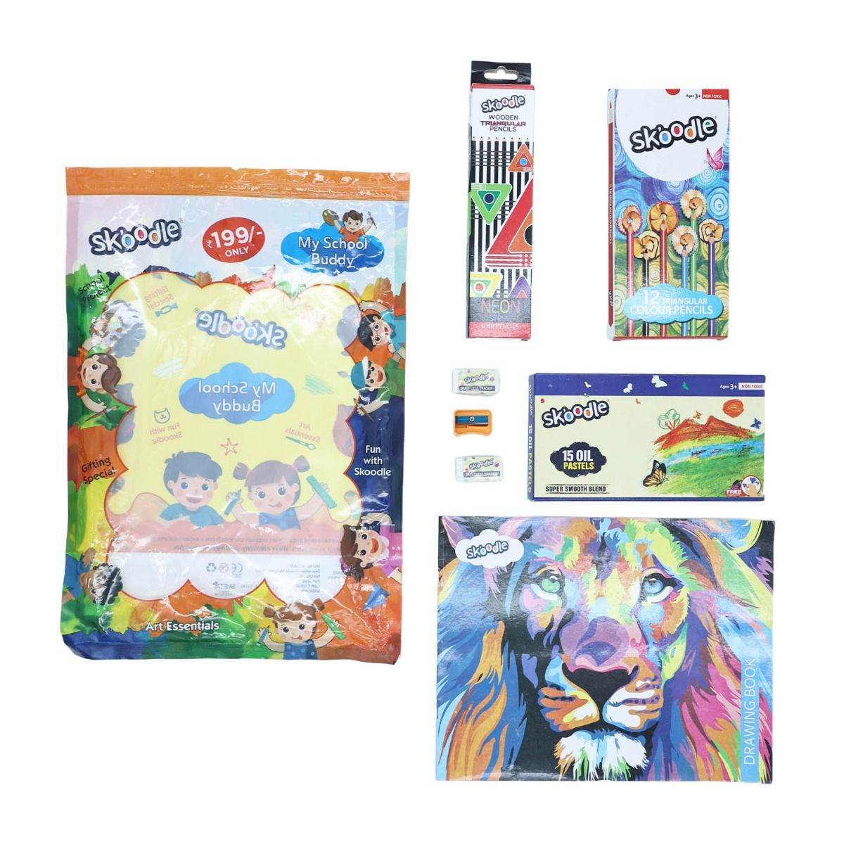 Skoodle school stationery kit for kids with color pencils, oil pastels, erasers, sharpeners, and drawing book