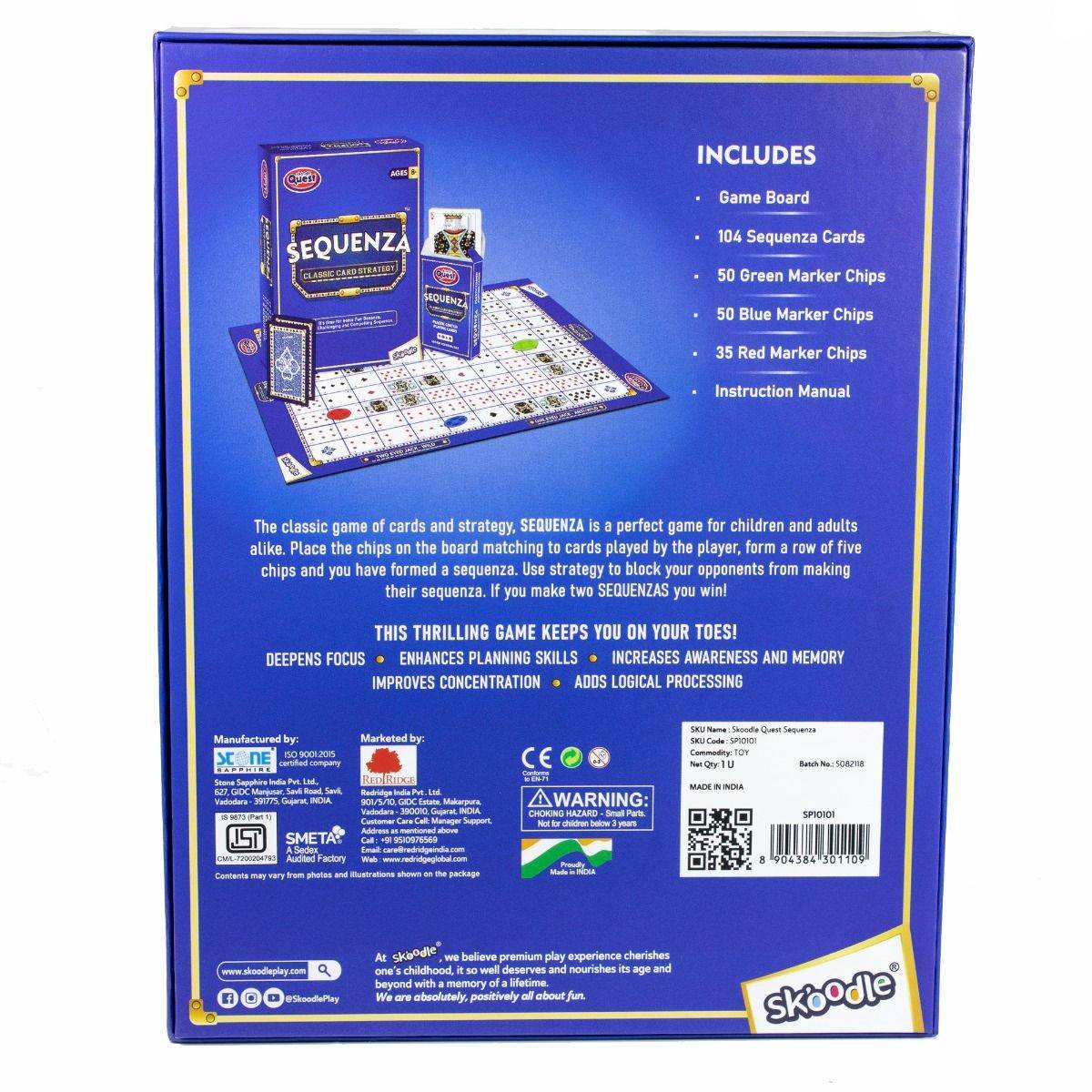 Back of Skoodle Sequenza card game box showing game contents and instructions from T-Rex the toyland Sitamarhi