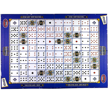 Skoodle Sequenza card game board featuring a grid of playing cards with wild jack cards