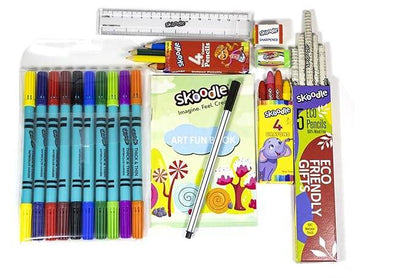 Skoodle art kit for kids with colorful markers, crayons, pencils, eraser, sharpener, ruler, and art fun book