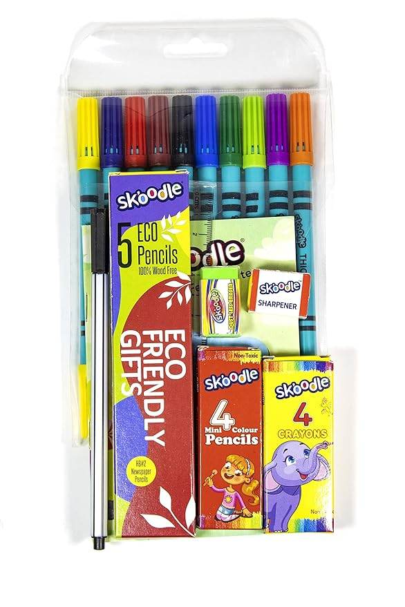 Skoodle art kit for kids with colorful markers, eco friendly pencils, crayons, and sharpener set