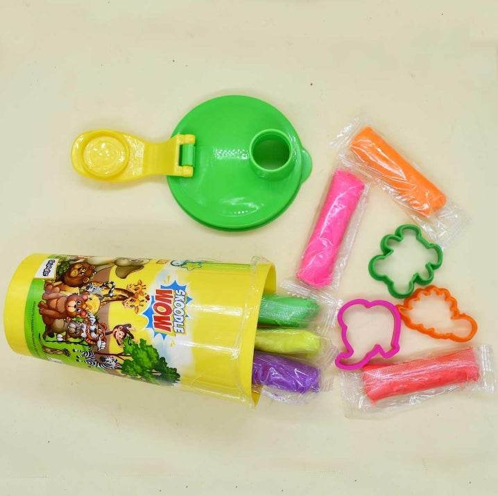 Skoodle Wow Surprise Pack toy with colorful modeling clay sticks and shape cutters in a yellow container