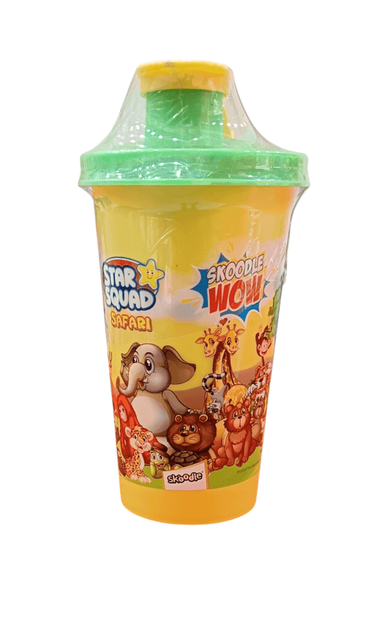 Skoodle Wow Surprise Pack toy with colorful safari animal designs in yellow and green plastic container