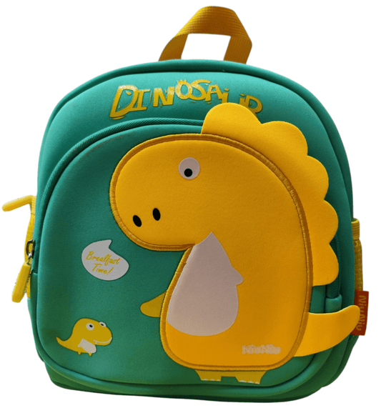 Small cute dinosaur picnic backpack for children in green with yellow dinosaur design and front pocket