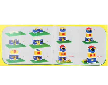 Junior architect building blocks set showing step-by-step assembly of a colorful multi-level house model