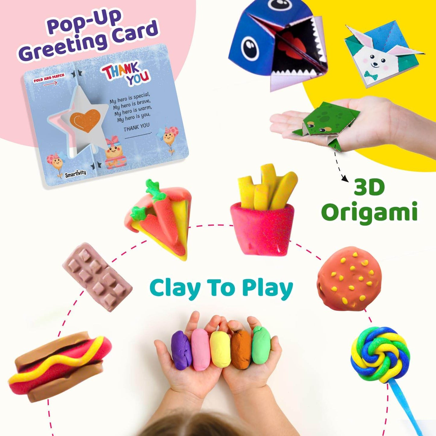 Art and craft kit for girls including pop-up greeting card 3D origami and colorful clay shapes