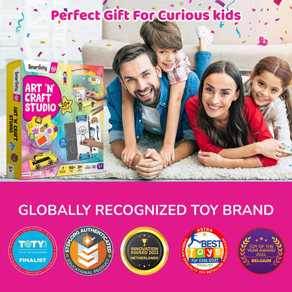 Smartivity Art N Craft Studio box displayed with happy family promoting art and craft kit for girls