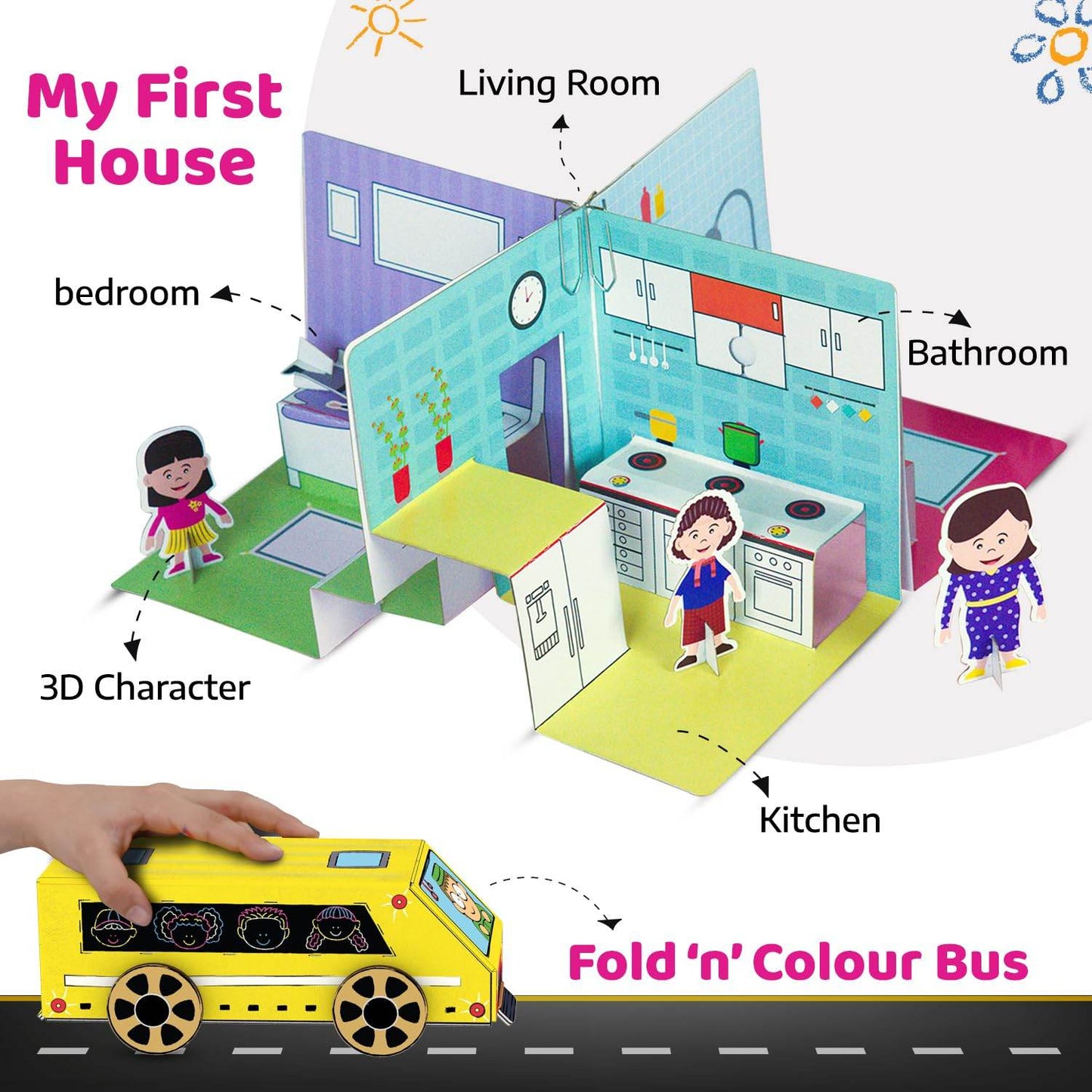 T-Rex the toyland art and craft kit for girls featuring a foldable colorful paper house and a yellow fold n colour bus