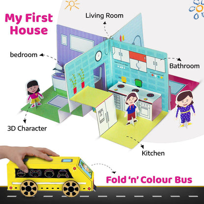 T-Rex the toyland art and craft kit for girls featuring a foldable colorful paper house and a yellow fold n colour bus