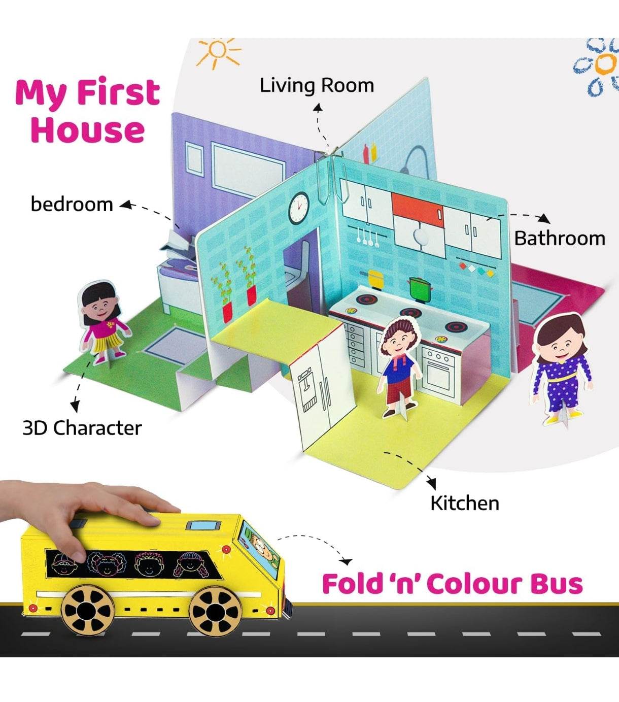 Fold n Colour Bus with My First House playset featuring 3D characters and rooms, creative birthday gift for kids