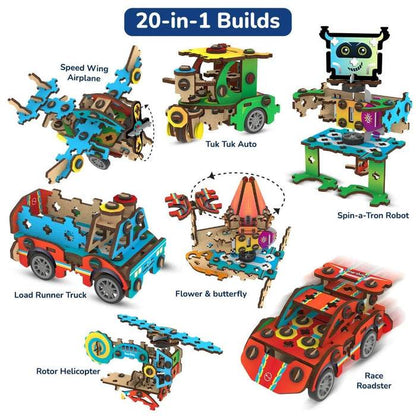 Smartivity 20in1 spin and go kit with 20 builds including airplane, tuk tuk auto, robot, truck, helicopter, and race car models