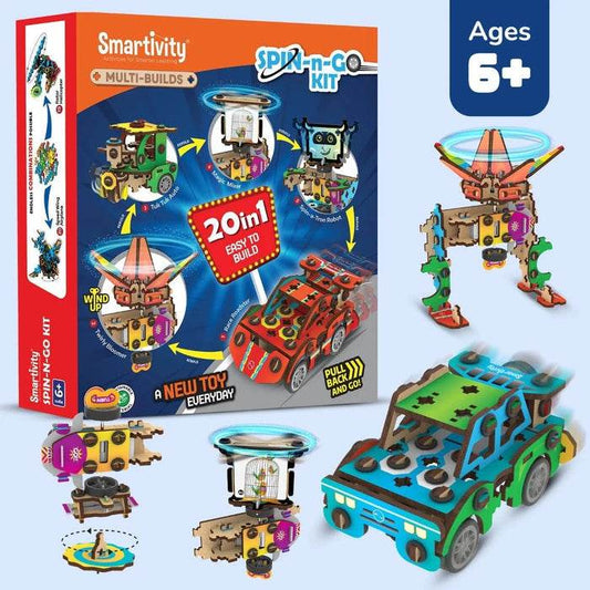 Smartivity 20in1 spin and go kit with multi-builds including car, robot, and helicopter models for kids ages 6 and up