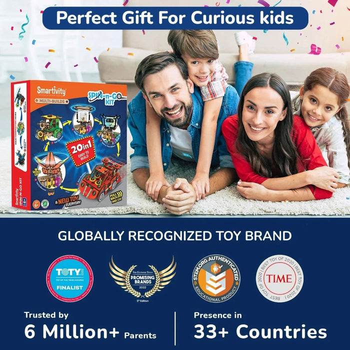 Smartivity 20in1 spin and go kit box displayed next to happy family playing on carpet as perfect gift for curious kids
