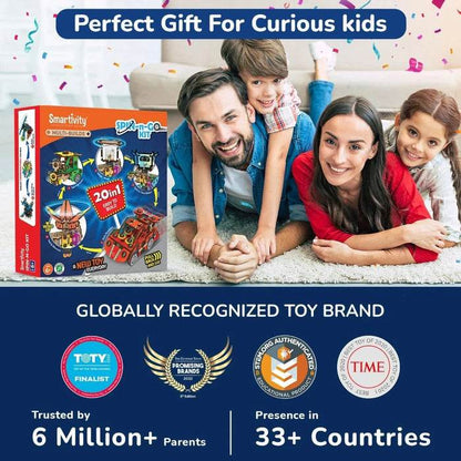 Smartivity 20in1 spin and go kit box displayed next to happy family playing on carpet as perfect gift for curious kids