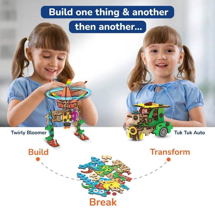Kids playing with Smartivity 20in1 spin and go kit building Twirly Bloomer and Tuk Tuk Auto models