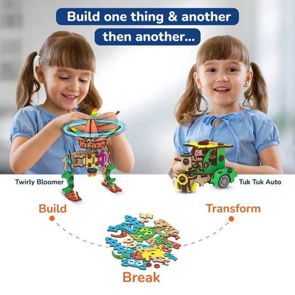 Kids playing with Smartivity 20in1 spin and go kit building Twirly Bloomer and Tuk Tuk Auto models