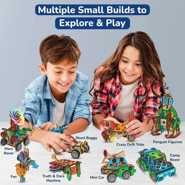 Children playing with Smartivity 20in1 spin and go kit building various colorful models and vehicles