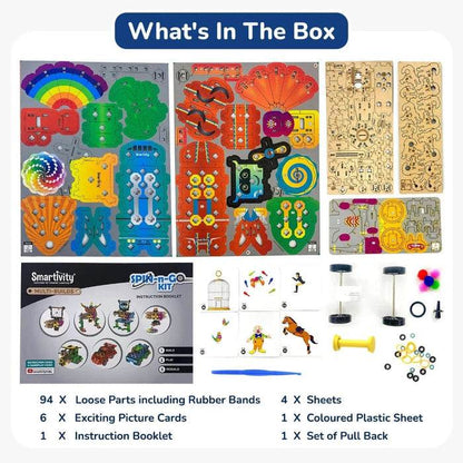 Smartivity 20in1 spin and go kit showing colorful parts, instruction booklet, picture cards, and accessories in box