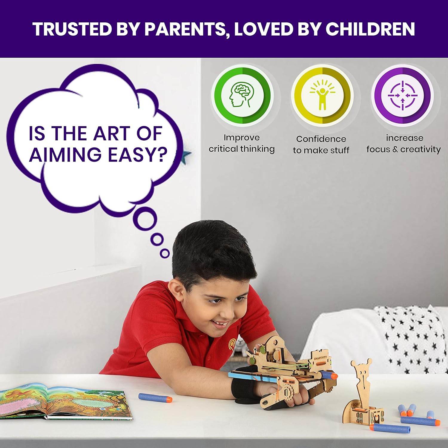 Child playing with bullseye bow science activity set improving critical thinking and creativity