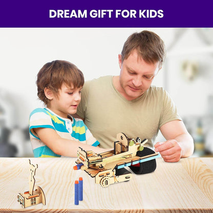 Father and son playing with bullseye bow science activity set wooden toy on table