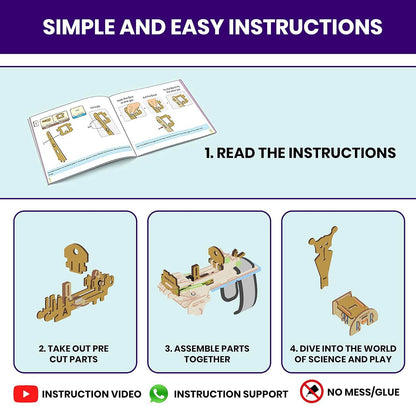 Bullseye bow science activity set instruction guide showing steps to assemble wooden parts without mess or glue