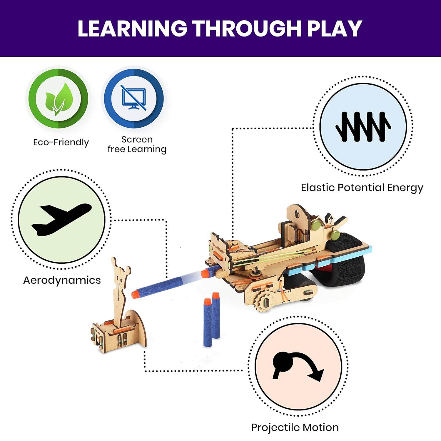 Bullseye bow science activity set showing wooden elastic bow with foam darts and educational benefits like aerodynamics and projectile motion