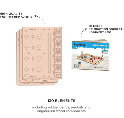 Smartivity Chess Attack construction kit with 130 elements including engineered wood pieces and instruction booklet