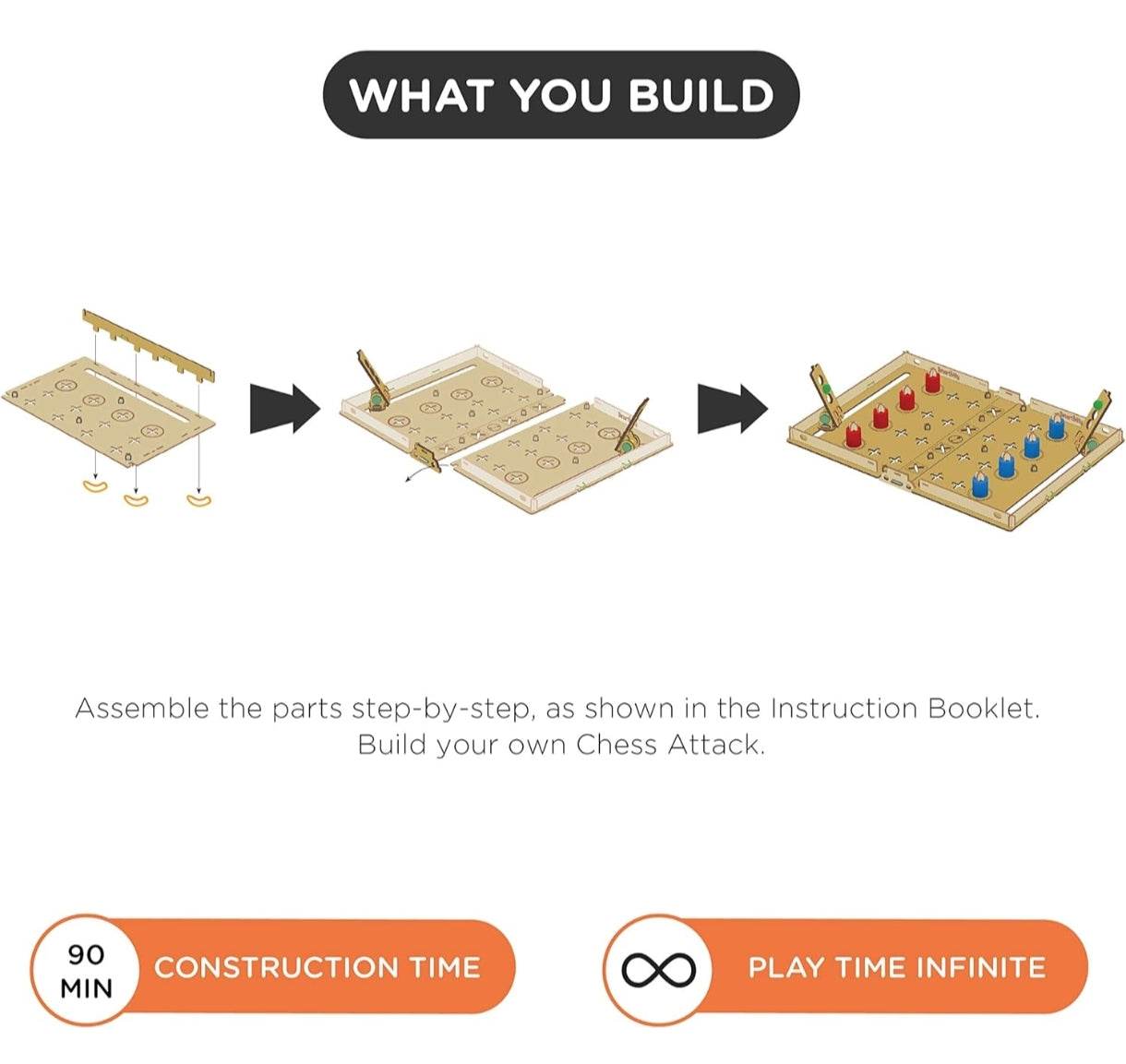 Smartivity Chess Attack construction kit showing step-by-step assembly with 90 minutes construction time and infinite play time