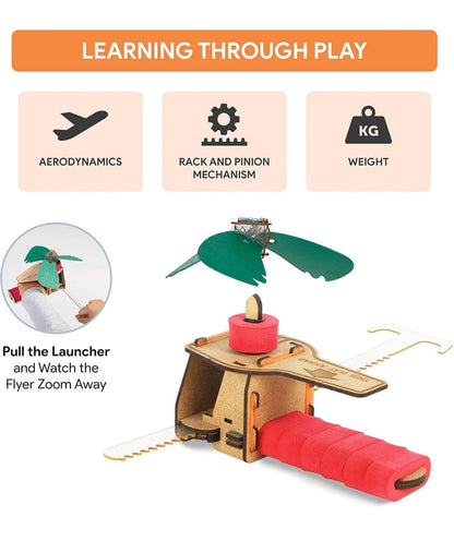 DIY flying machine kit for children showing wooden launcher and green flying machine parts with learning features