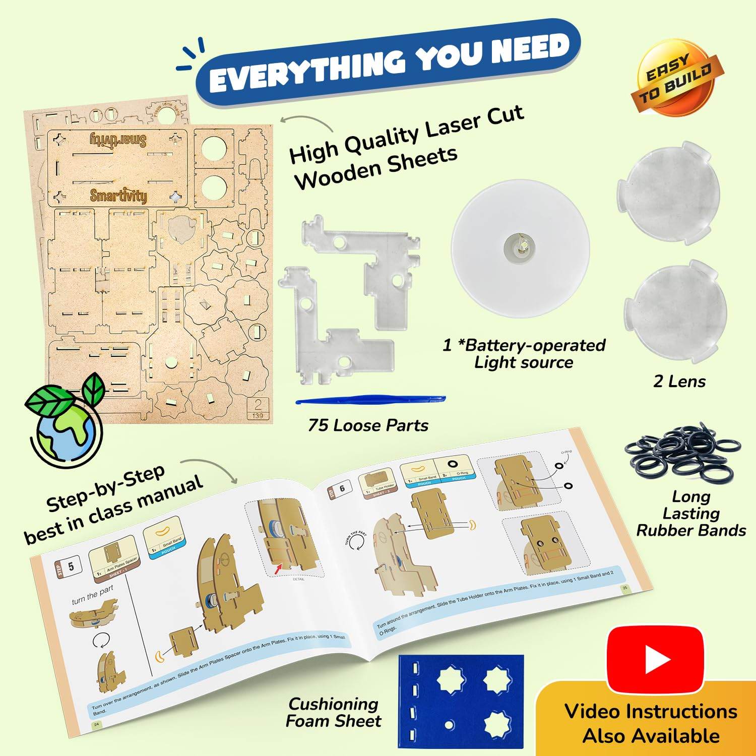 DIY microscope toy for 8-14 year olds kit with laser cut wooden sheets, lenses, light source, rubber bands, and instruction manual
