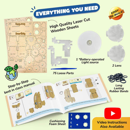 DIY microscope toy for 8-14 year olds kit with laser cut wooden sheets, lenses, light source, rubber bands, and instruction manual