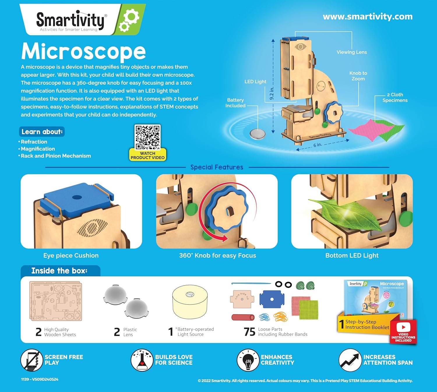 DIY microscope toy for 8-14 year olds with wooden parts, LED light, and easy focus knob kit