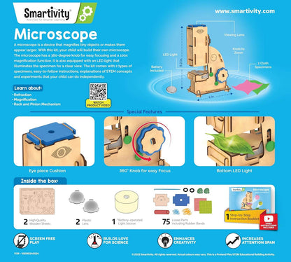 DIY microscope toy for 8-14 year olds with wooden parts, LED light, and easy focus knob kit