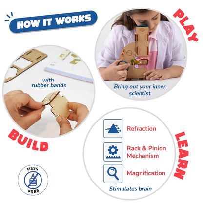 DIY microscope toy for 8-14 year olds showing assembly steps and a child using the wooden science kit